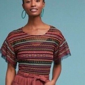 NEW Anthro Maeve Naples Mesh stripe top embroider